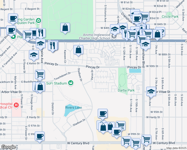map of restaurants, bars, coffee shops, grocery stores, and more near 9063 Cullen Way in Inglewood