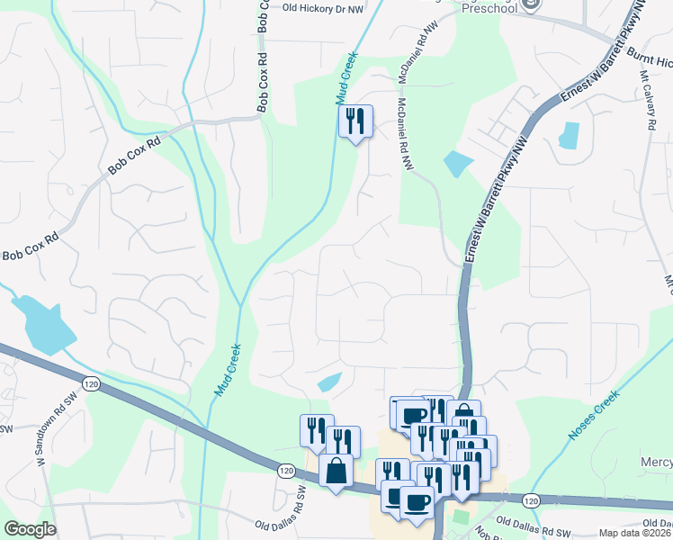 map of restaurants, bars, coffee shops, grocery stores, and more near 11 Raquel Court Northwest in Marietta