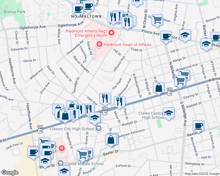 map of restaurants, bars, coffee shops, grocery stores, and more near 186 Mathews Avenue in Athens