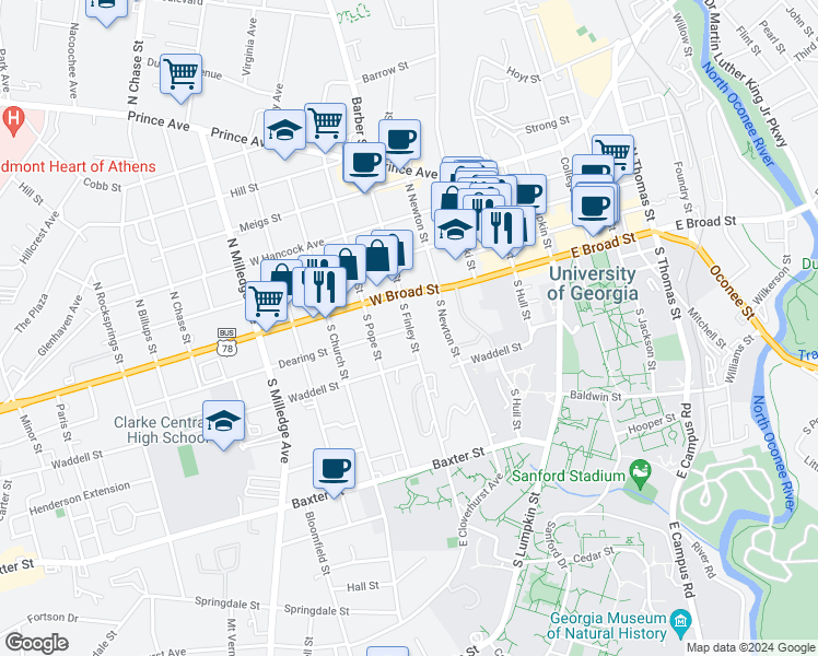 map of restaurants, bars, coffee shops, grocery stores, and more near 30 Dearing Street in Athens