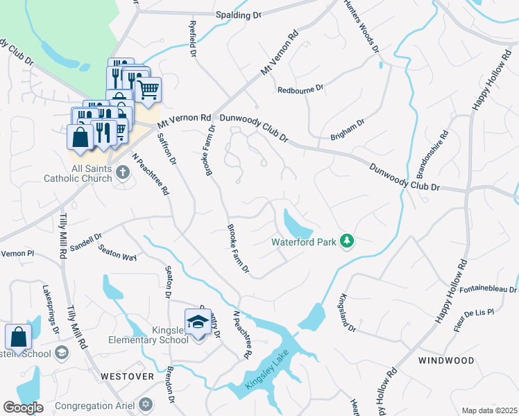 map of restaurants, bars, coffee shops, grocery stores, and more near 2308 Littlebrooke Drive in Dunwoody