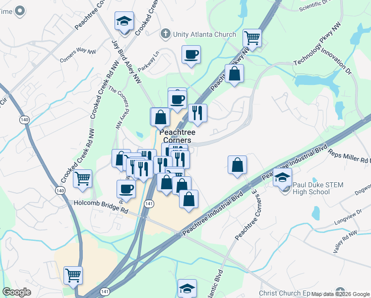 map of restaurants, bars, coffee shops, grocery stores, and more near 450 Technology Parkway Northwest in Norcross