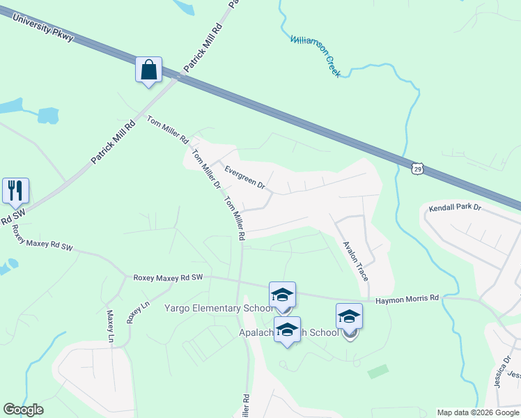 map of restaurants, bars, coffee shops, grocery stores, and more near 457 Evergreen Way in Winder