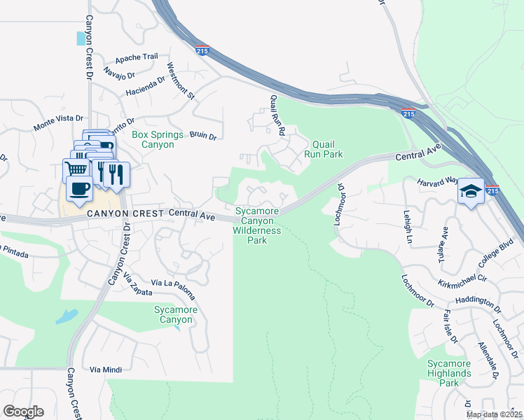 map of restaurants, bars, coffee shops, grocery stores, and more near 375 Central Avenue in Riverside
