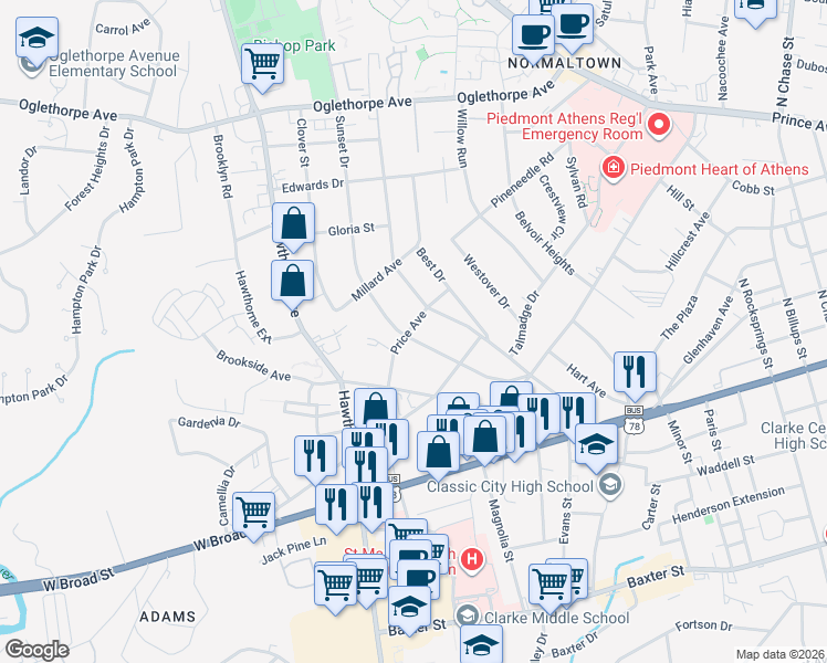map of restaurants, bars, coffee shops, grocery stores, and more near 250 Price Avenue in Athens