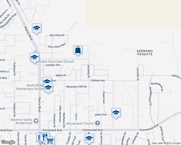 map of restaurants, bars, coffee shops, grocery stores, and more near 11420 Kitching Street in Moreno Valley