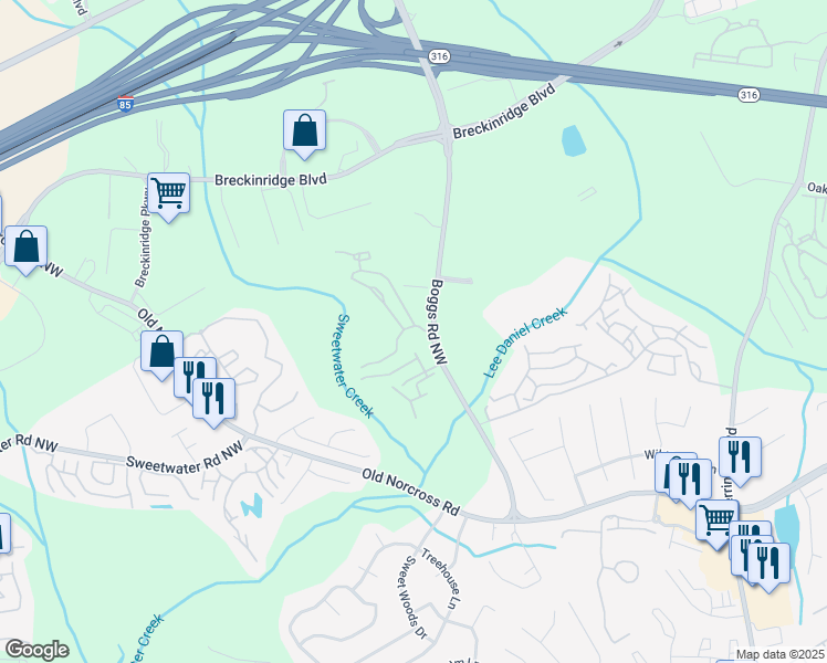 map of restaurants, bars, coffee shops, grocery stores, and more near 1486 Boggs Road Northwest in Duluth