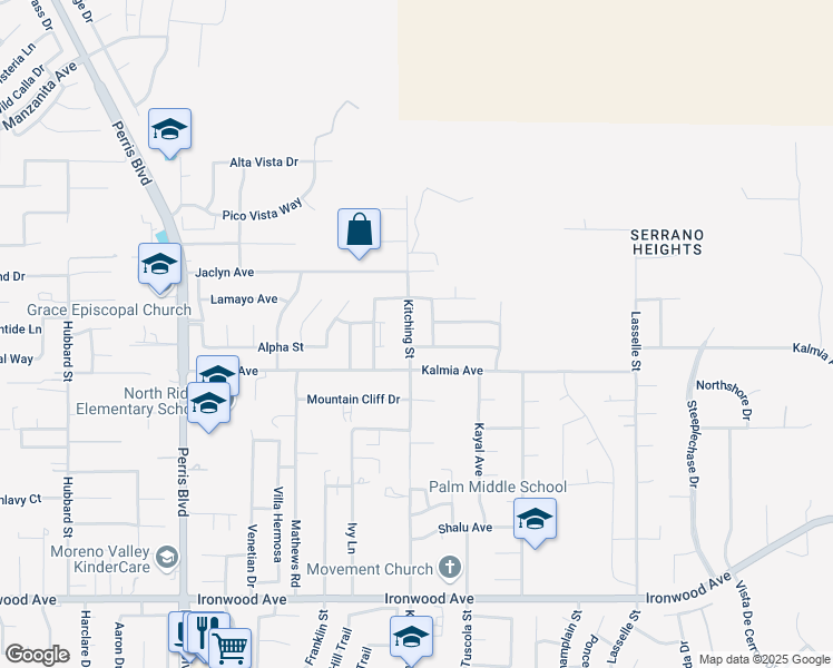 map of restaurants, bars, coffee shops, grocery stores, and more near 11420 Kitching Street in Moreno Valley
