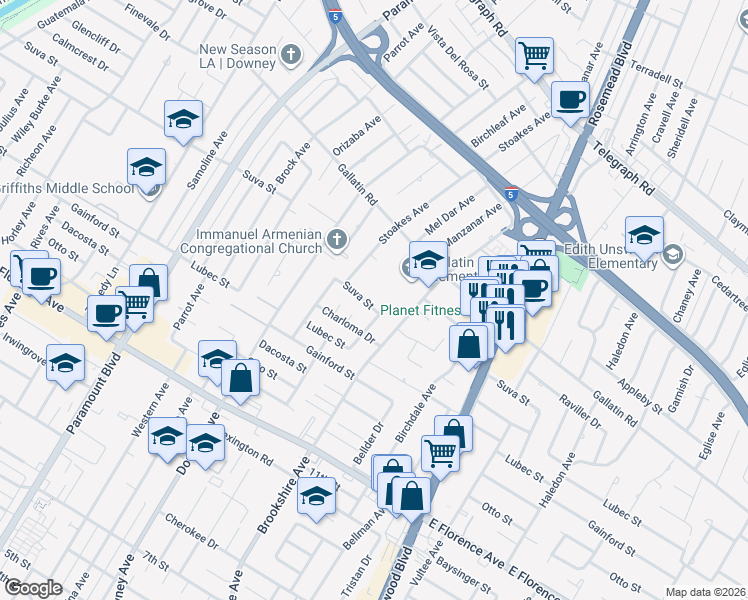 map of restaurants, bars, coffee shops, grocery stores, and more near 8455 Suva Street in Downey