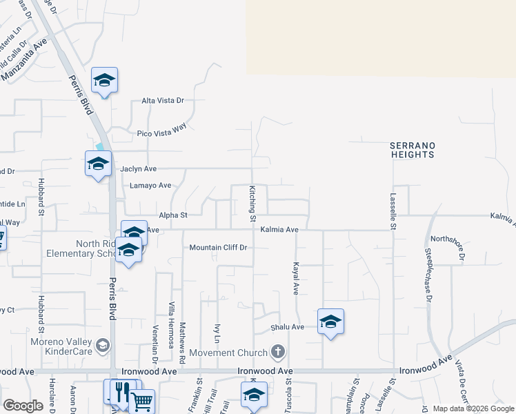 map of restaurants, bars, coffee shops, grocery stores, and more near 11420 Kitching Street in Moreno Valley