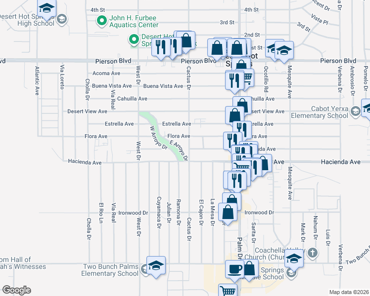 map of restaurants, bars, coffee shops, grocery stores, and more near 66201 Flora Avenue in Desert Hot Springs