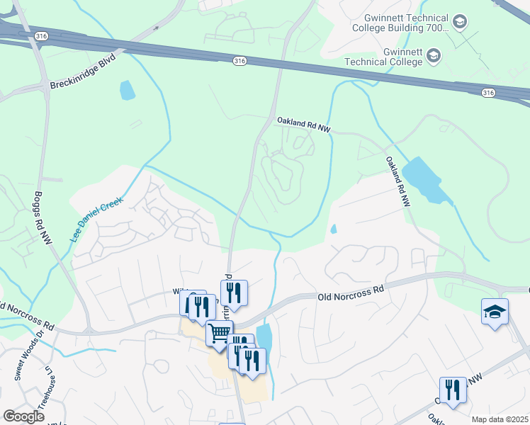 map of restaurants, bars, coffee shops, grocery stores, and more near 1223 Miss Irene Lane Northwest in Lawrenceville