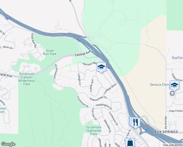 map of restaurants, bars, coffee shops, grocery stores, and more near West Point Drive in Riverside