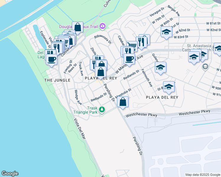 map of restaurants, bars, coffee shops, grocery stores, and more near 8700 Pershing Drive in Los Angeles
