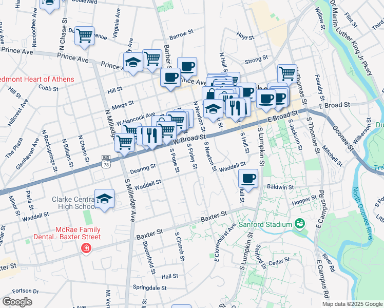 map of restaurants, bars, coffee shops, grocery stores, and more near 223 South Finley Street in Athens