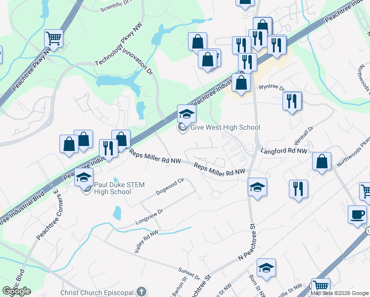 map of restaurants, bars, coffee shops, grocery stores, and more near 5595 Trace Views Drive in Norcross