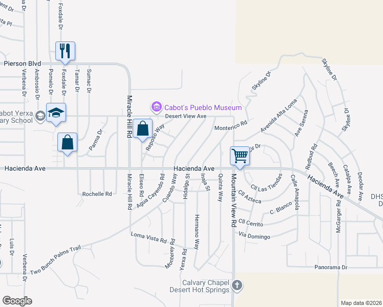 map of restaurants, bars, coffee shops, grocery stores, and more near 12925 Hidalgo Street in Desert Hot Springs