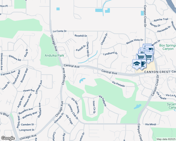map of restaurants, bars, coffee shops, grocery stores, and more near 5265 Chapala Drive in Riverside