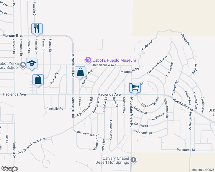 map of restaurants, bars, coffee shops, grocery stores, and more near 12925 Hidalgo Street in Desert Hot Springs
