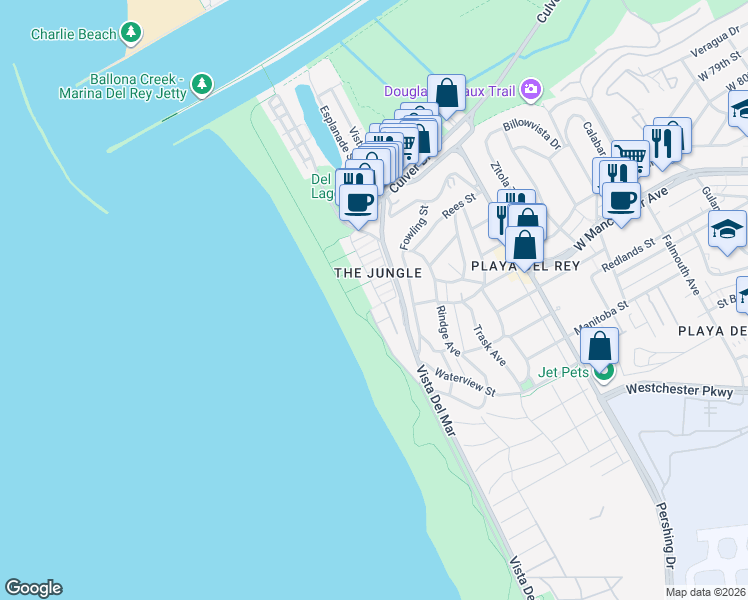 map of restaurants, bars, coffee shops, grocery stores, and more near 7033 Trolleyway South in Los Angeles
