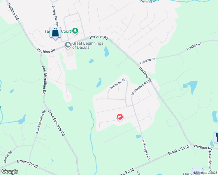 map of restaurants, bars, coffee shops, grocery stores, and more near 1432 Armende Circle in Dacula