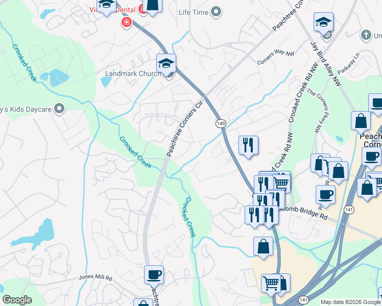 map of restaurants, bars, coffee shops, grocery stores, and more near 6330 Brandywine Trail in Norcross