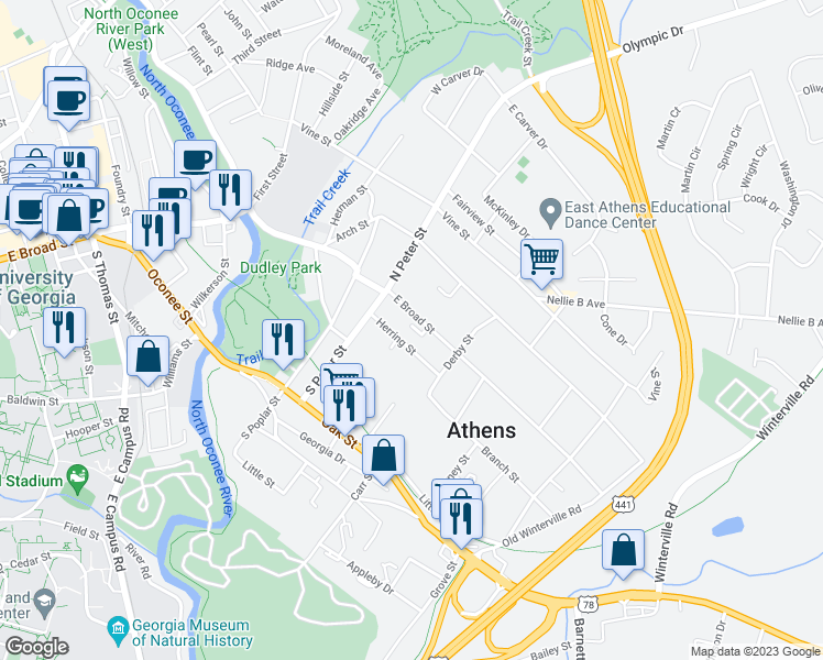 map of restaurants, bars, coffee shops, grocery stores, and more near 1462 East Broad Street in Athens