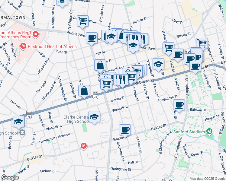 map of restaurants, bars, coffee shops, grocery stores, and more near 909 West Broad Street in Athens