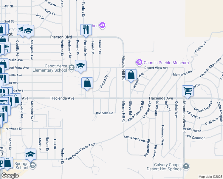 map of restaurants, bars, coffee shops, grocery stores, and more near 12850 Casa Loma Road in Desert Hot Springs