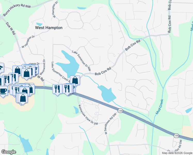 map of restaurants, bars, coffee shops, grocery stores, and more near 3241 Bob Cox Road in Marietta