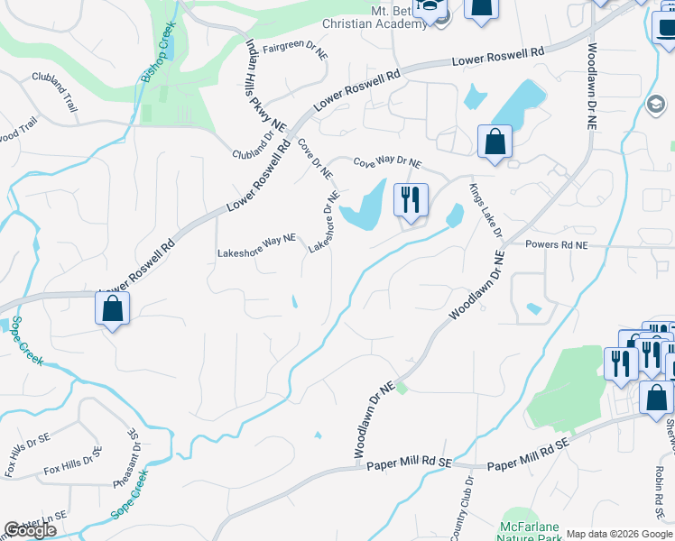 map of restaurants, bars, coffee shops, grocery stores, and more near 232 Kings Row Northeast in Marietta