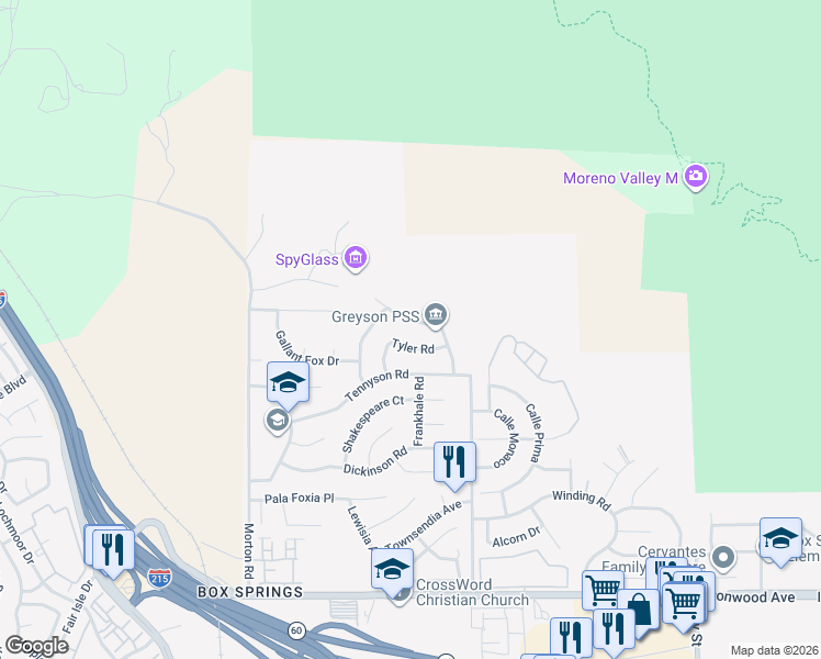 map of restaurants, bars, coffee shops, grocery stores, and more near 21438 Greyson Road in Moreno Valley