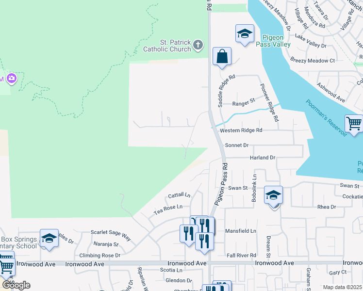 map of restaurants, bars, coffee shops, grocery stores, and more near 11425 Tiffany Lane in Moreno Valley