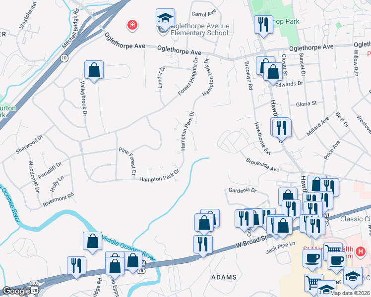 map of restaurants, bars, coffee shops, grocery stores, and more near 201 Jarrett Court in Athens