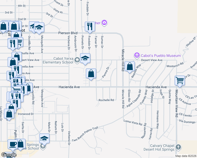 map of restaurants, bars, coffee shops, grocery stores, and more near 12801 Tamar Drive in Desert Hot Springs