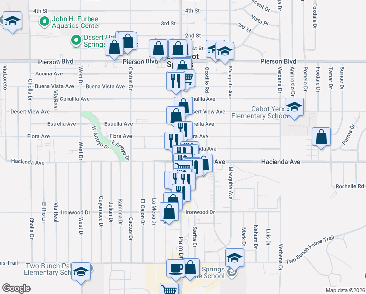map of restaurants, bars, coffee shops, grocery stores, and more near 12856 Palm Drive in Desert Hot Springs