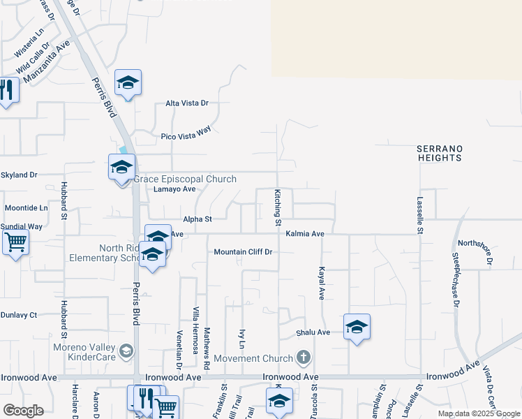 map of restaurants, bars, coffee shops, grocery stores, and more near 11400 San Fernando Street in Moreno Valley