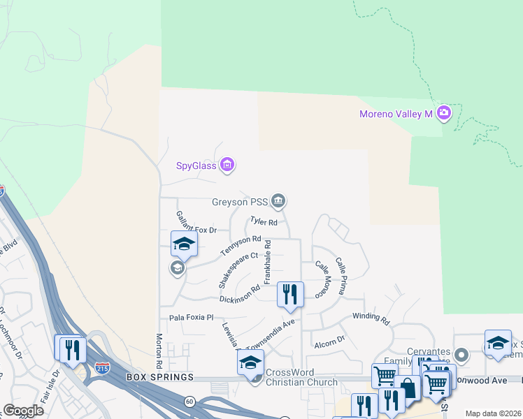map of restaurants, bars, coffee shops, grocery stores, and more near 21438 Greyson Road in Moreno Valley