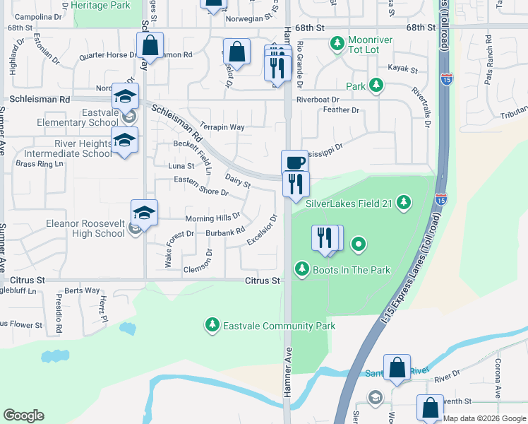 map of restaurants, bars, coffee shops, grocery stores, and more near 7255 Excelsior Drive in Corona