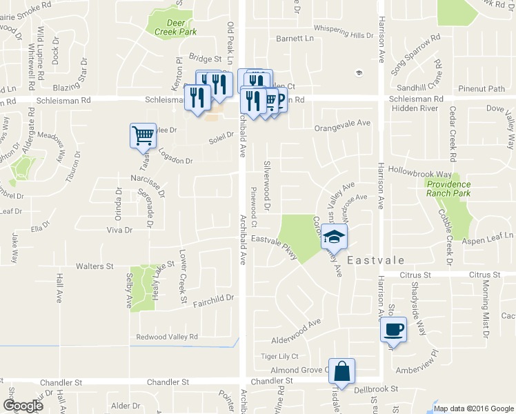 map of restaurants, bars, coffee shops, grocery stores, and more near 7291 Pinewood Court in Corona