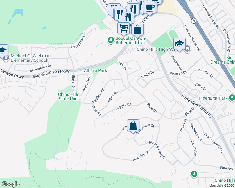 map of restaurants, bars, coffee shops, grocery stores, and more near 16435 Patina Court in Chino Hills