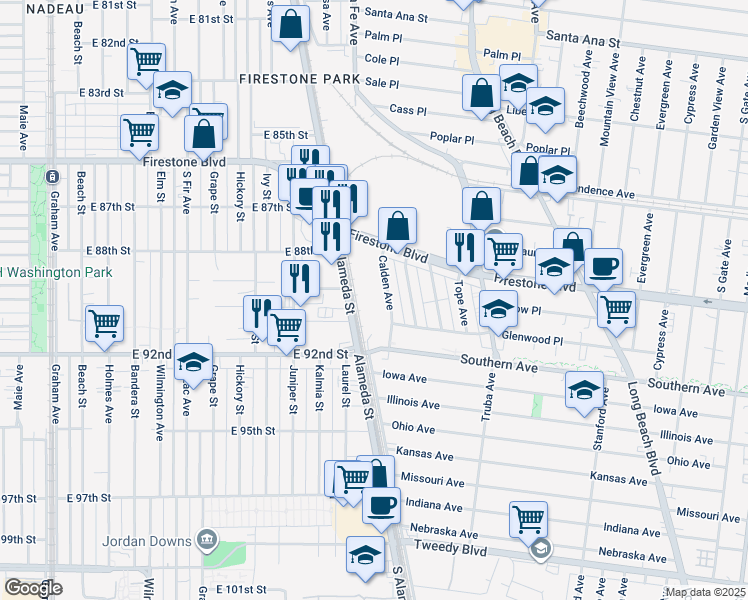 map of restaurants, bars, coffee shops, grocery stores, and more near 8901 Calden Avenue in South Gate