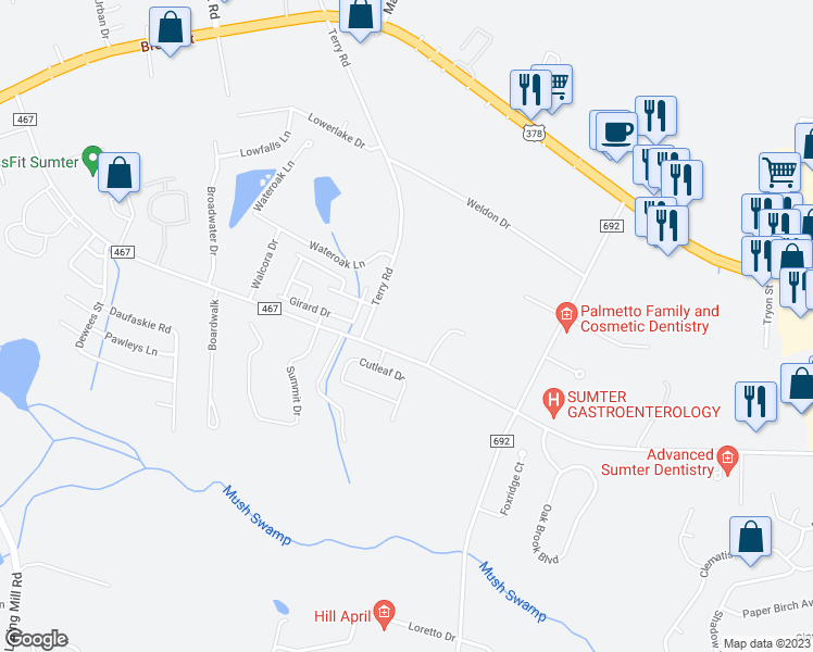 map of restaurants, bars, coffee shops, grocery stores, and more near 2825 Carter Road in Sumter