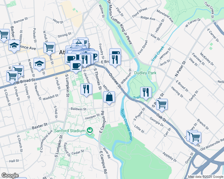 map of restaurants, bars, coffee shops, grocery stores, and more near 394 Oconee Street in Athens