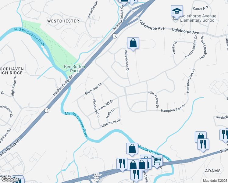 map of restaurants, bars, coffee shops, grocery stores, and more near 155 Rivermont Road in Athens