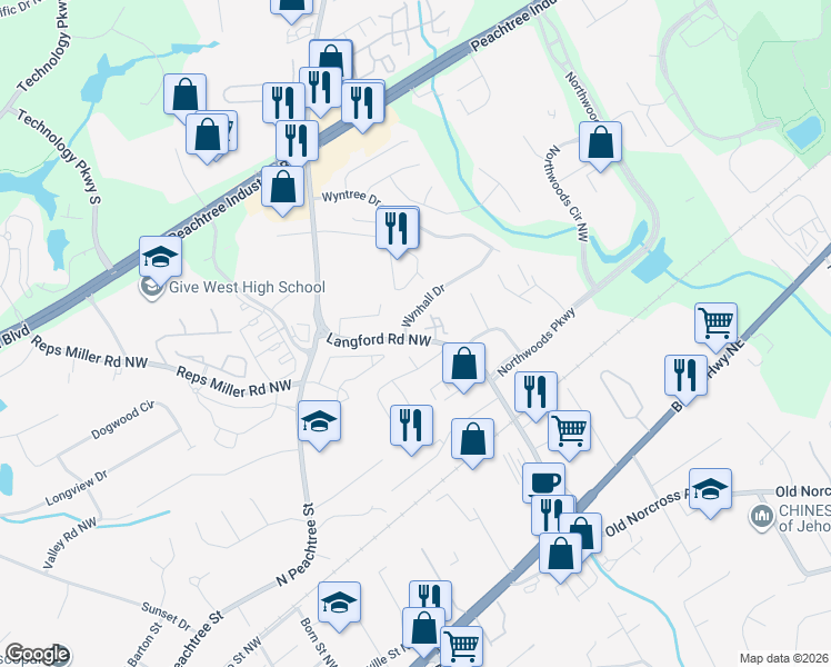 map of restaurants, bars, coffee shops, grocery stores, and more near 5614 Wynhall Drive in Norcross
