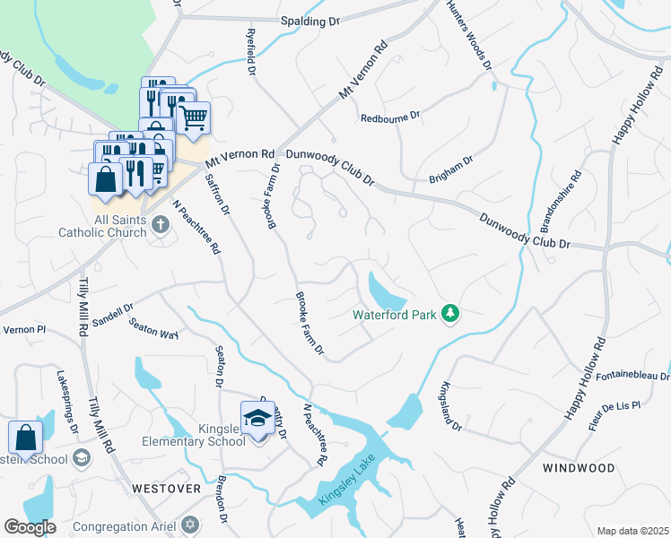 map of restaurants, bars, coffee shops, grocery stores, and more near 2308 Littlebrooke Drive in Dunwoody
