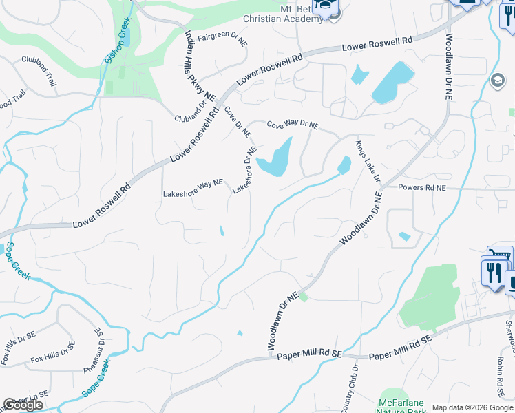 map of restaurants, bars, coffee shops, grocery stores, and more near 232 Kings Row Northeast in Marietta