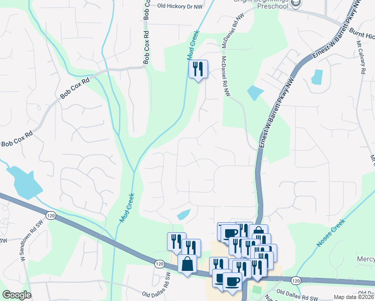 map of restaurants, bars, coffee shops, grocery stores, and more near 11 Raquel Court Northwest in Marietta
