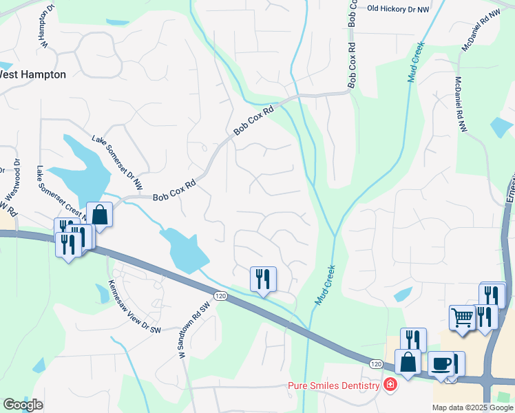 map of restaurants, bars, coffee shops, grocery stores, and more near 3052 Fleet Street Southwest in Marietta